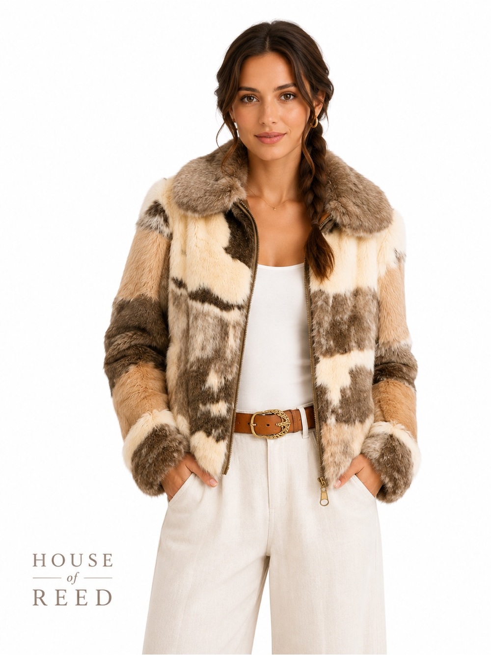 Vintage Patchwork Rabbit Fur Coat Women Small Boho Luxe Statement Jacket
